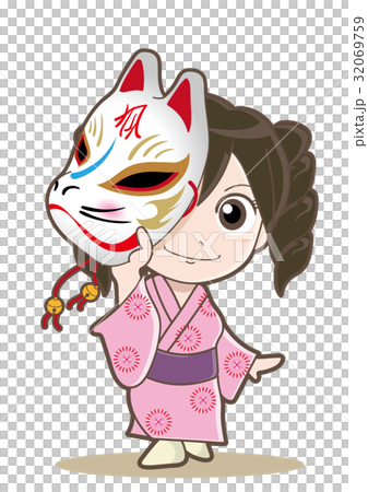 女の子と狐のお面のイラスト素材